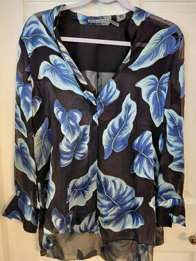 Alice and Olivia Black Blue Sheer Blouse Silk Blend Office Business Career Sprin